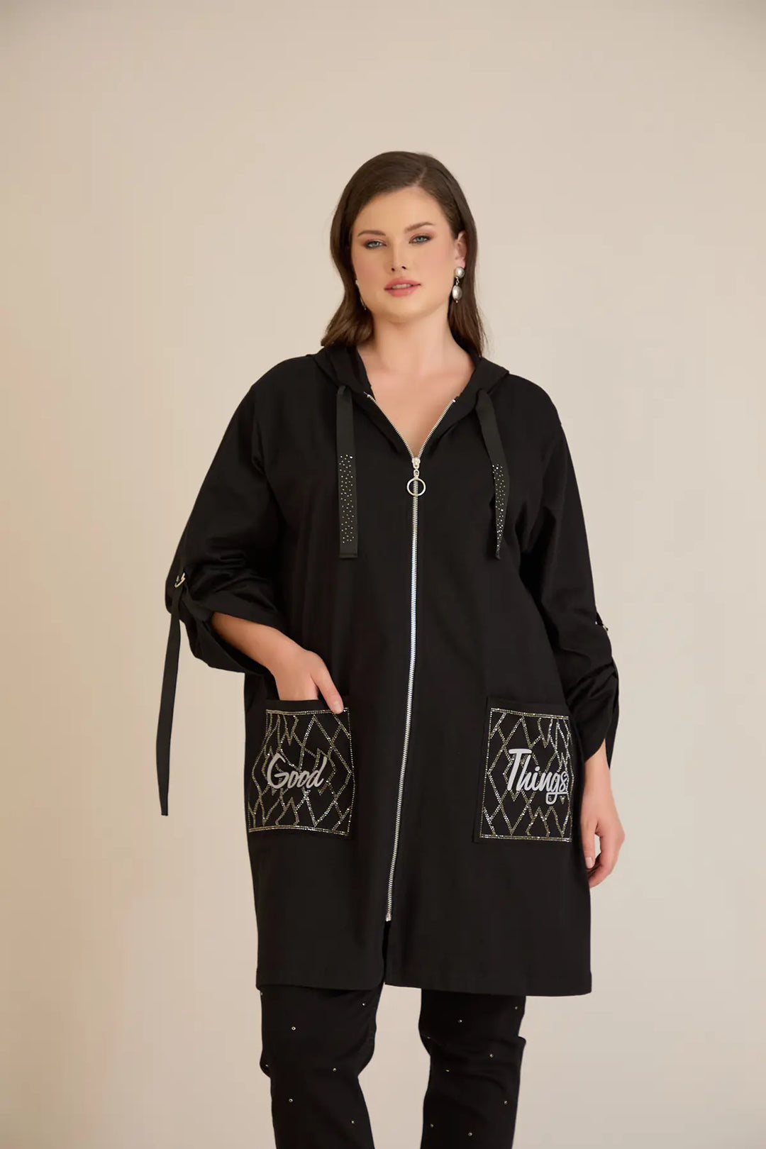 Ženski pamučni blejzer s kapuljačom i džepovima