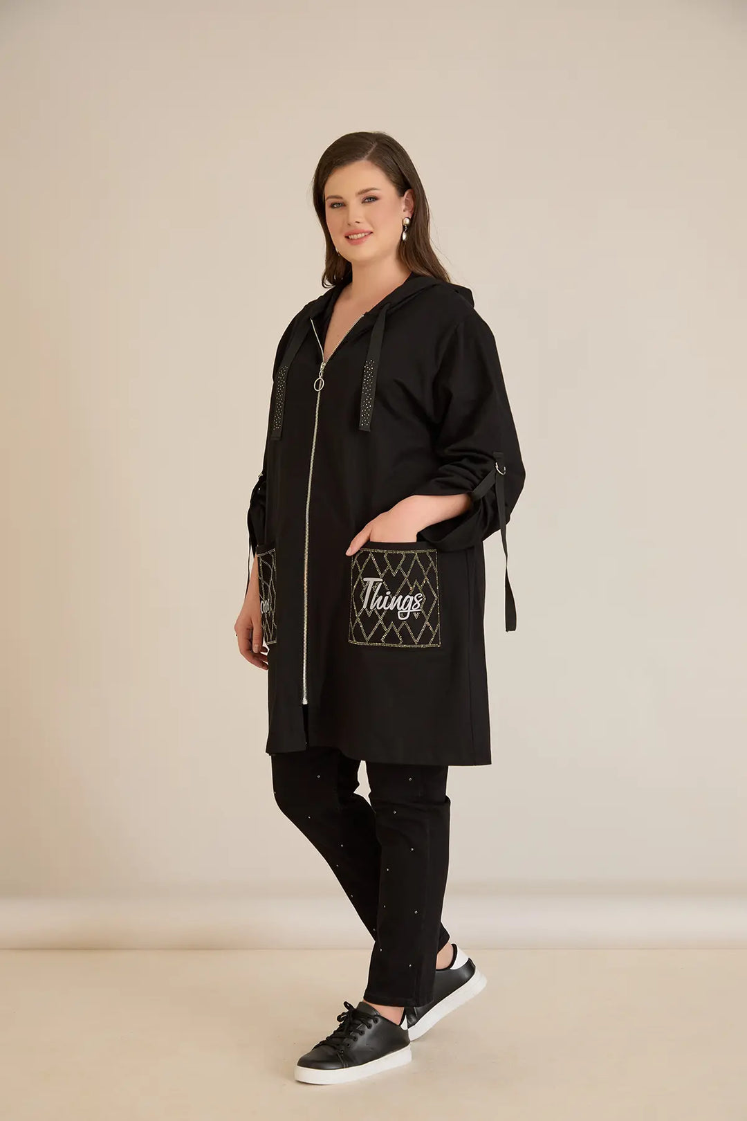 Ženski pamučni blejzer s kapuljačom i džepovima