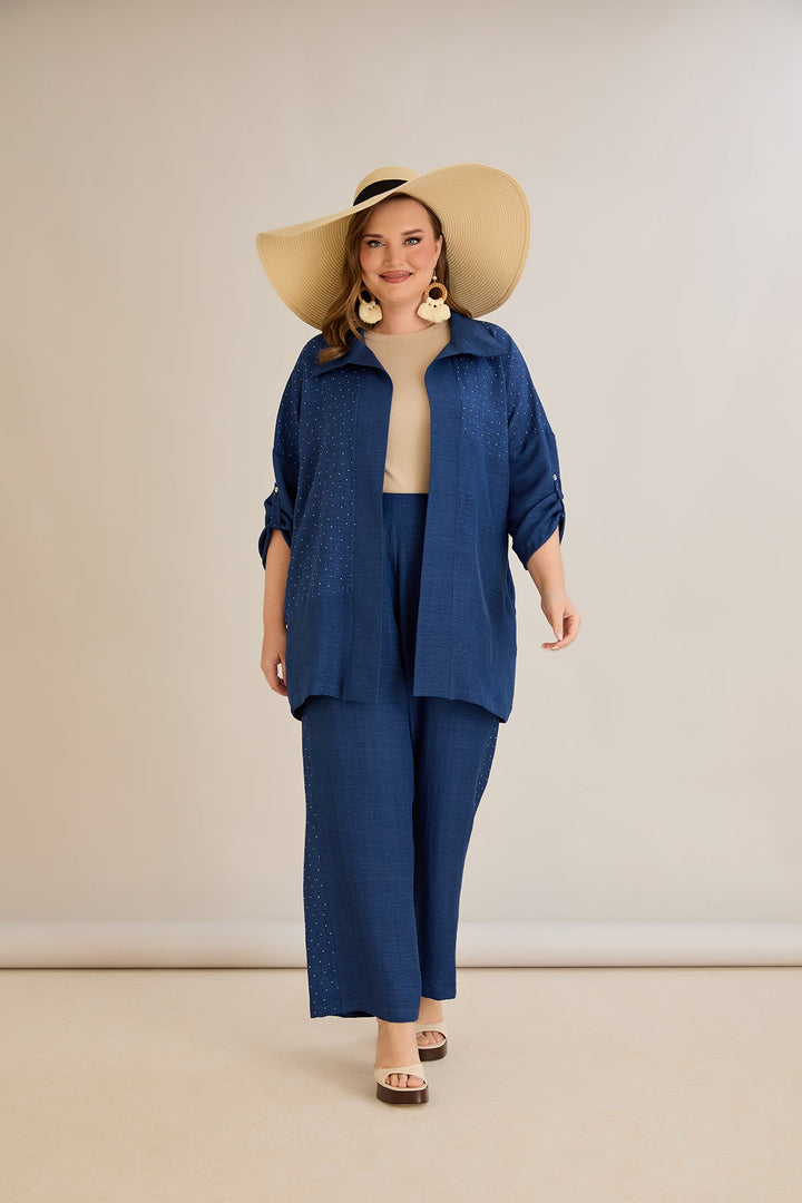 Elegantni plavi set s ukrasnim kamenčićima - Tamnoplava