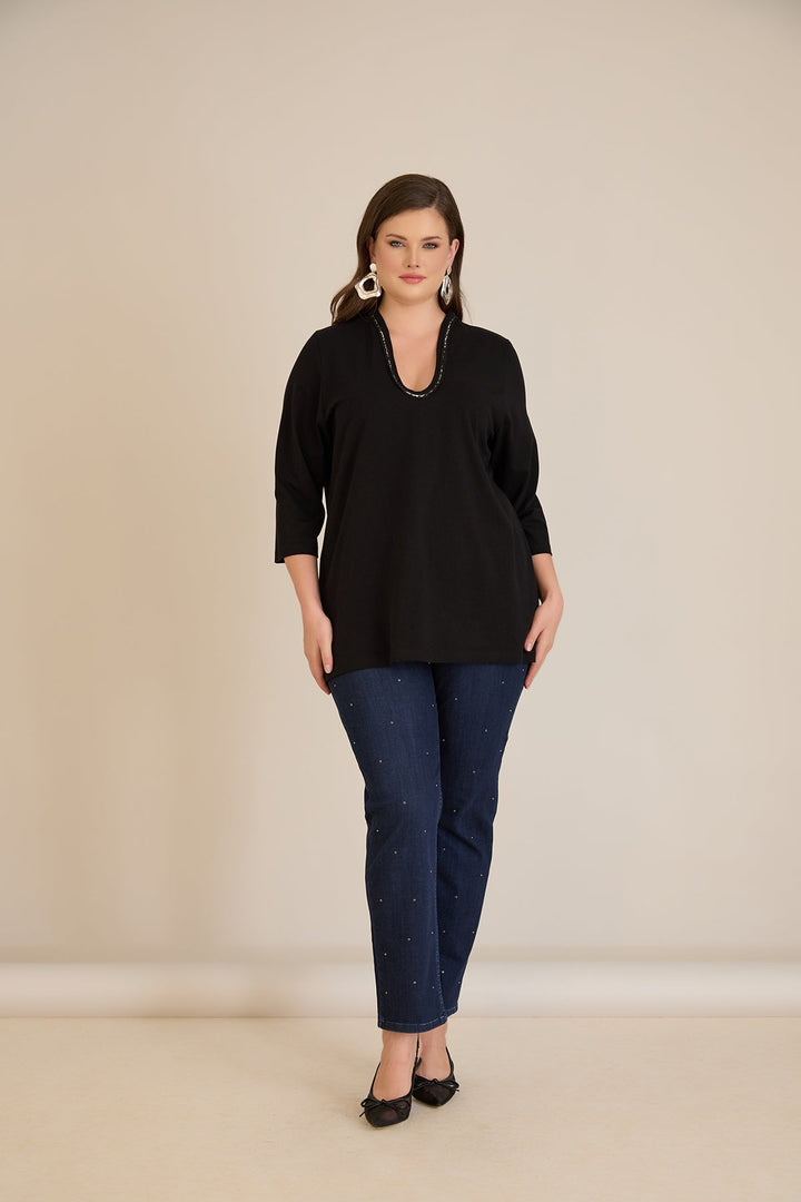 Pamučna bluza s V dekolteom i srebrnim obrubom