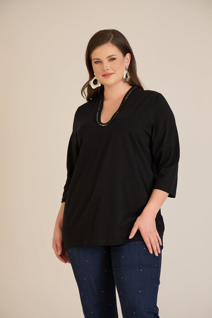 Pamučna bluza s V dekolteom i srebrnim obrubom