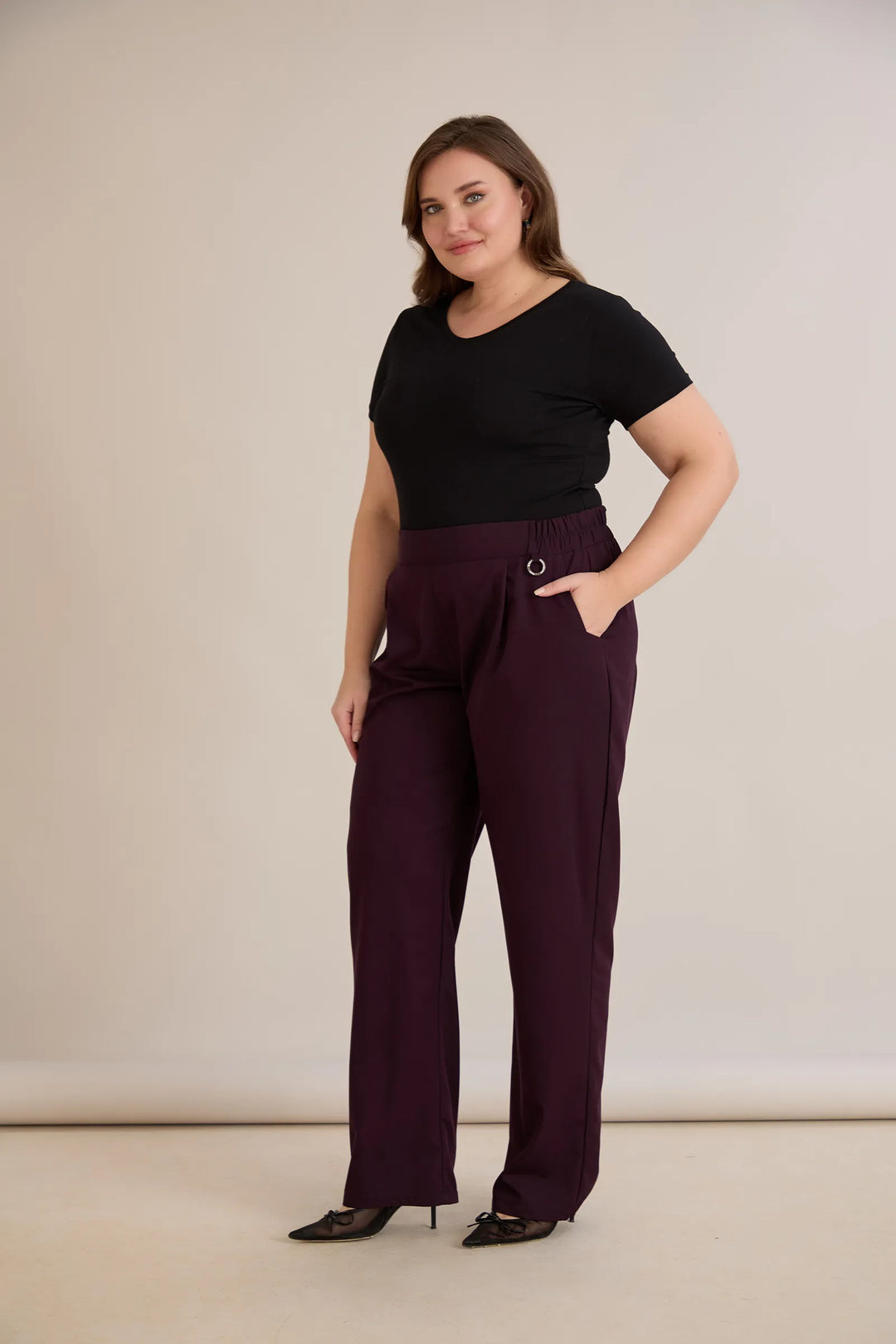 Široke ljetne elastične hlače s pamukom – burgundi