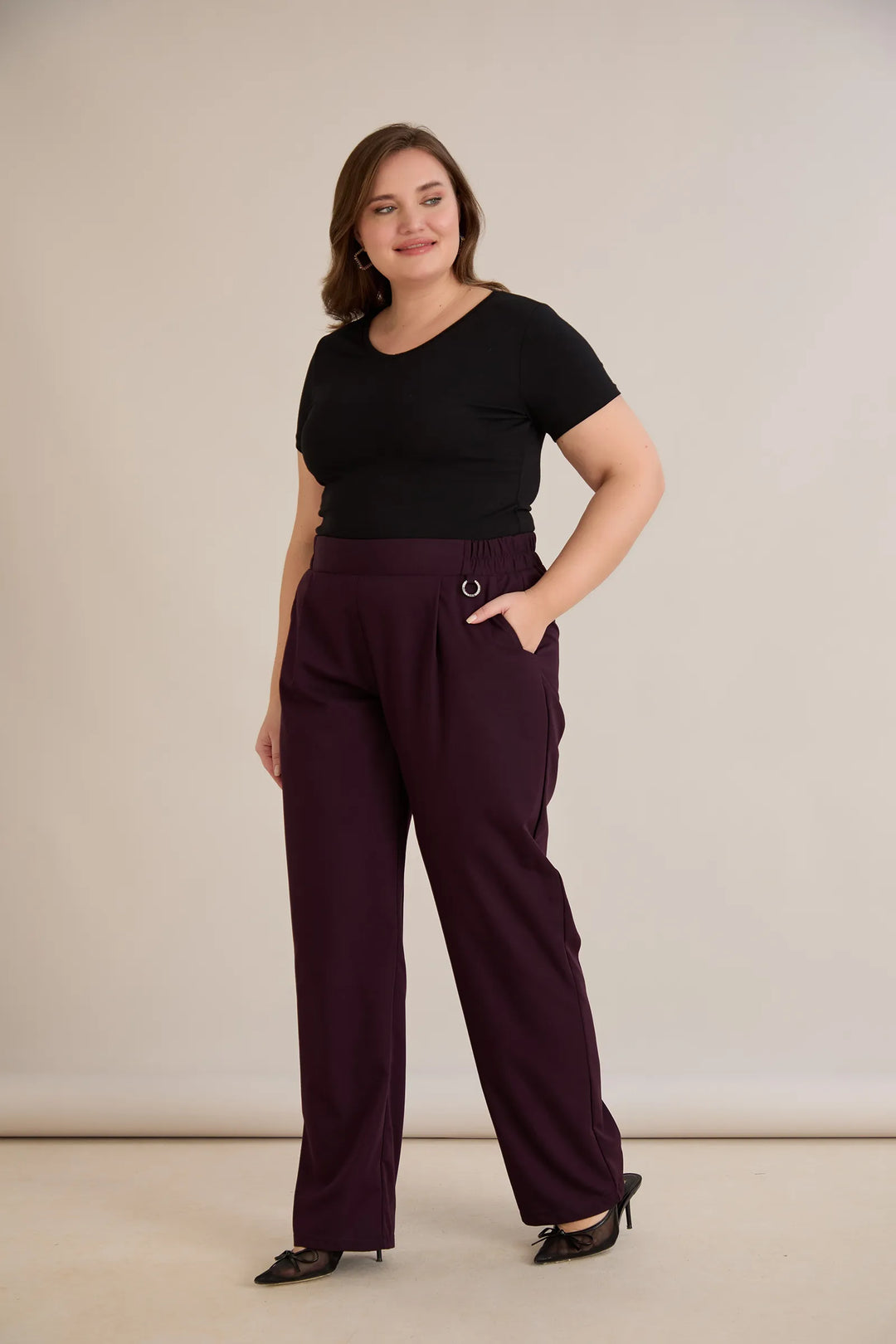 Široke ljetne elastične hlače s pamukom – burgundi