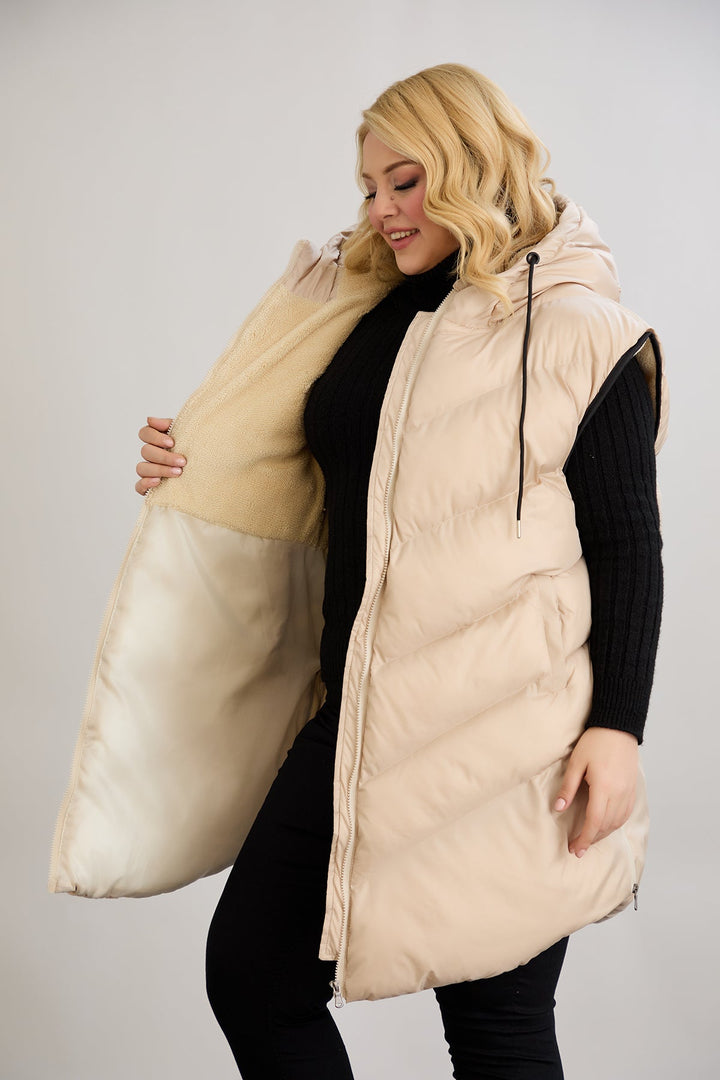 Оversize zimski prsluk s podstavom od karakula - Bež