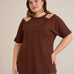 Plus size pamučna bluza s perlama i atraktivnim izrezom – Boja čokolade