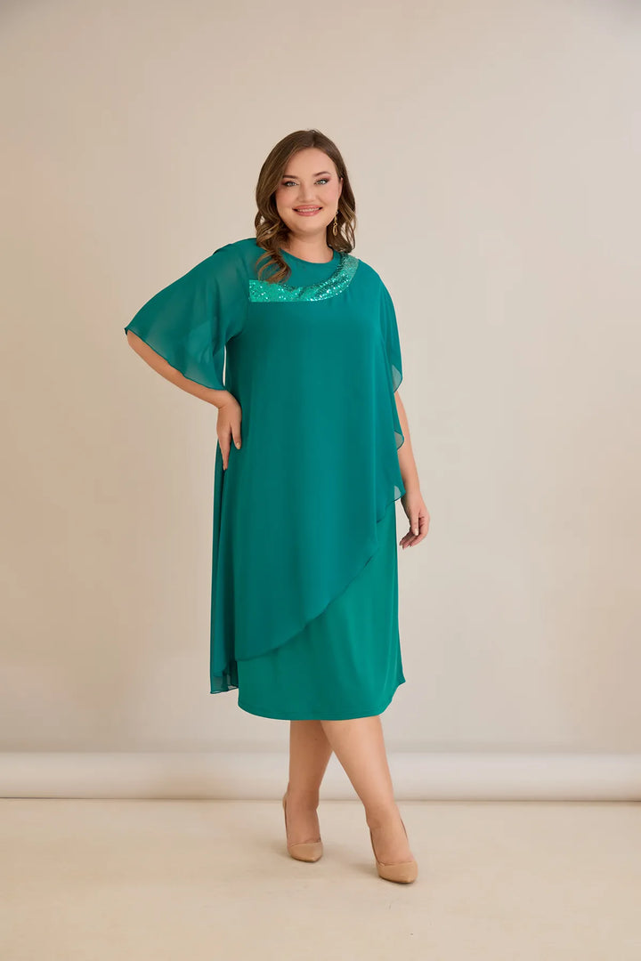Praznična haljina od šifona i šljokica u morsko zelenoj boji