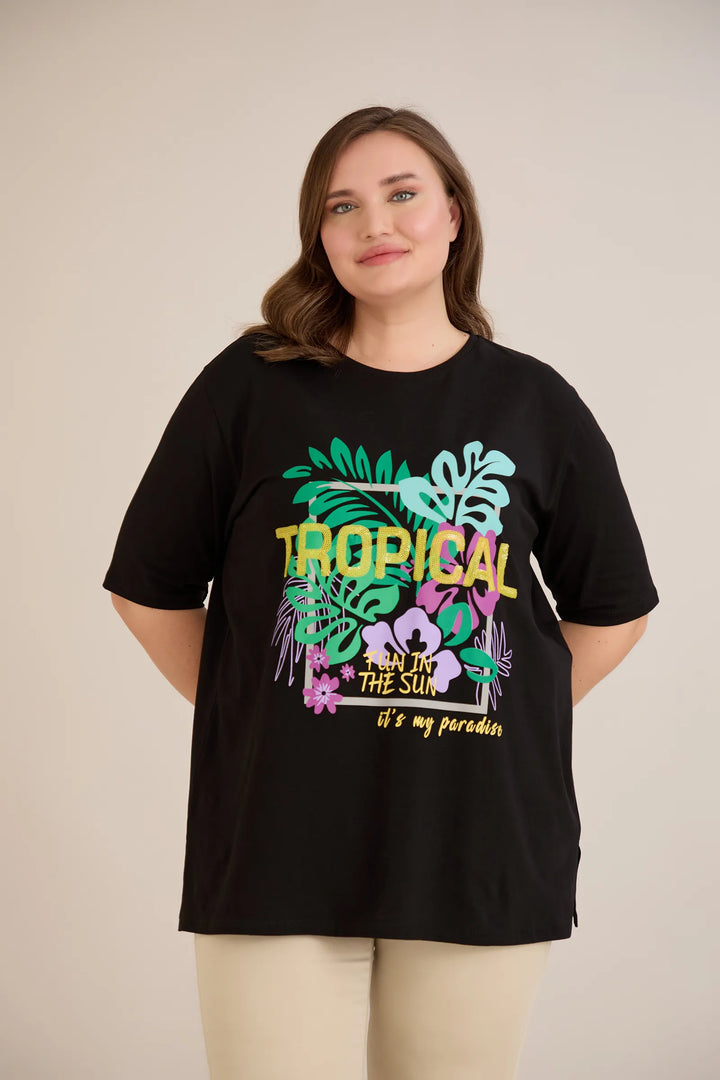 Pamučna majica s printom i ušivenim šljokicama Tropical