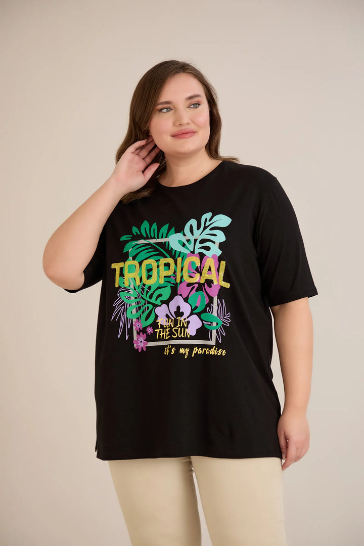 Pamučna majica s printom i ušivenim šljokicama Tropical