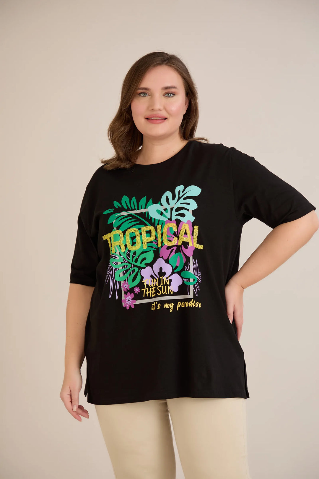 Pamučna majica s printom i ušivenim šljokicama Tropical