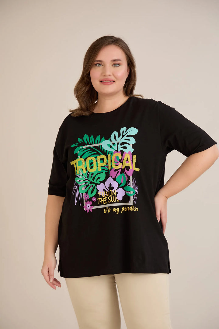 Pamučna majica s printom i ušivenim šljokicama Tropical