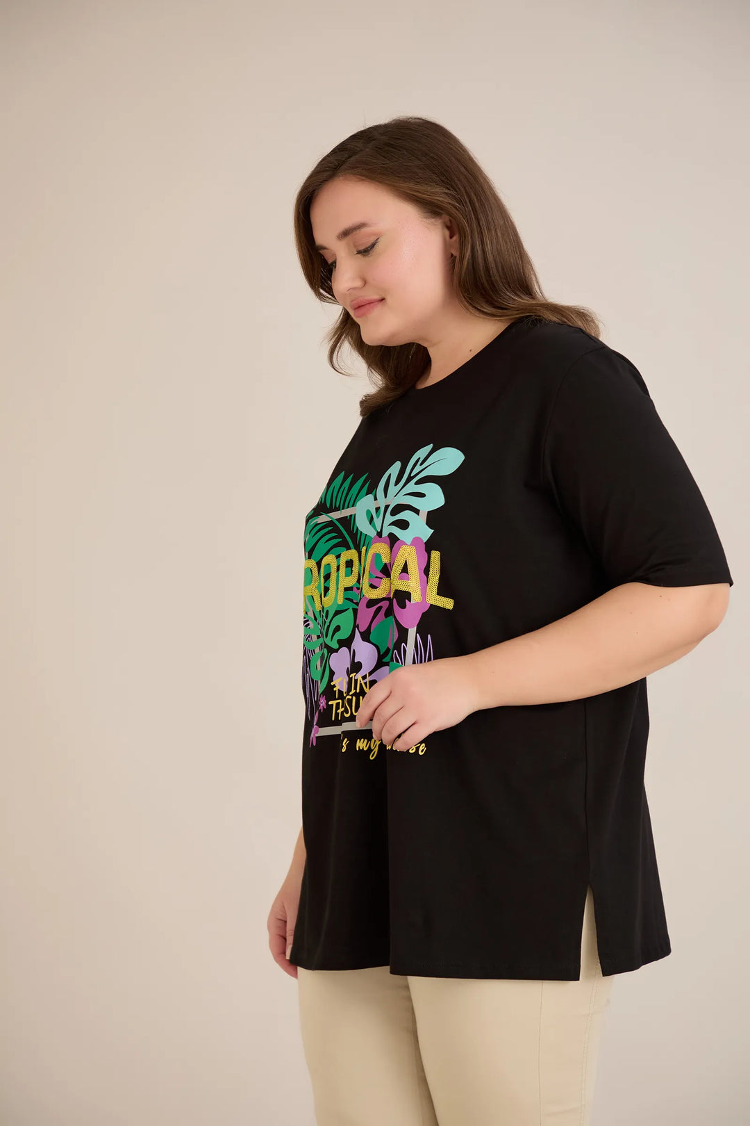 Pamučna majica s printom i ušivenim šljokicama Tropical