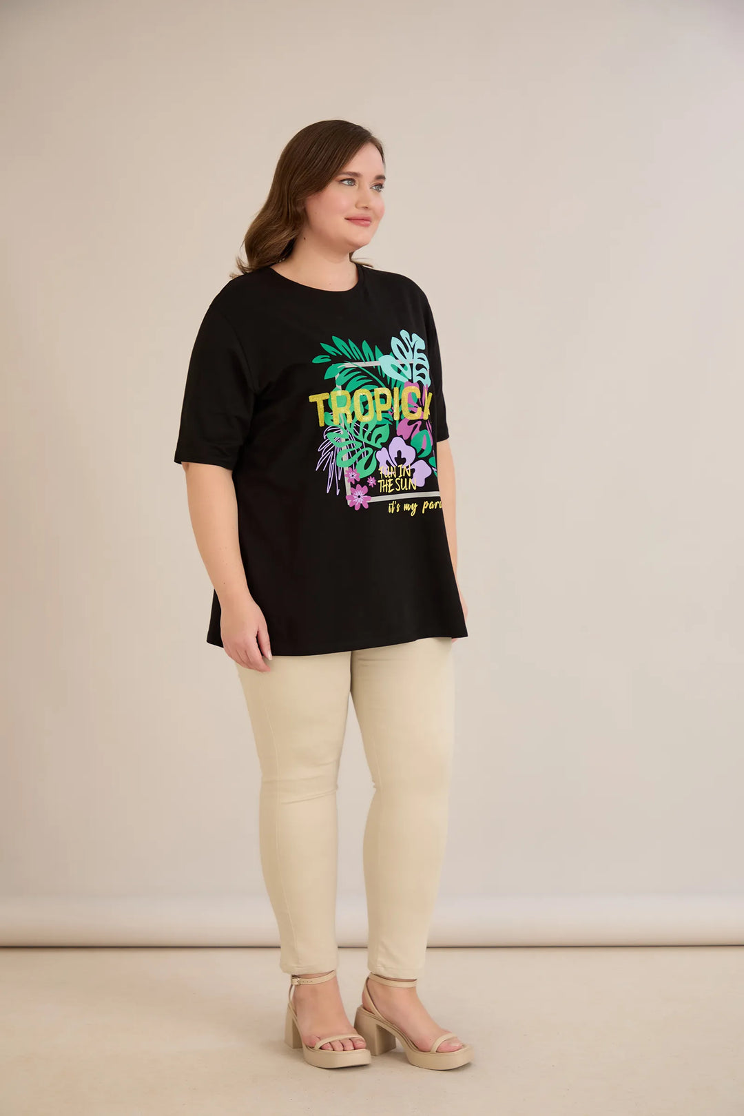 Pamučna majica s printom i ušivenim šljokicama Tropical