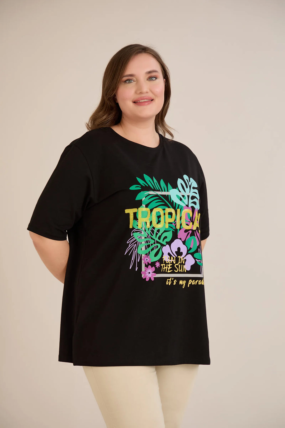 Pamučna majica s printom i ušivenim šljokicama Tropical