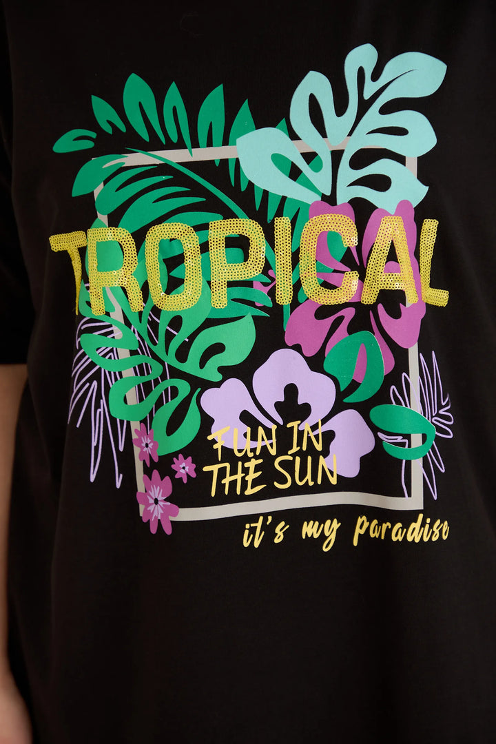 Pamučna majica s printom i ušivenim šljokicama Tropical