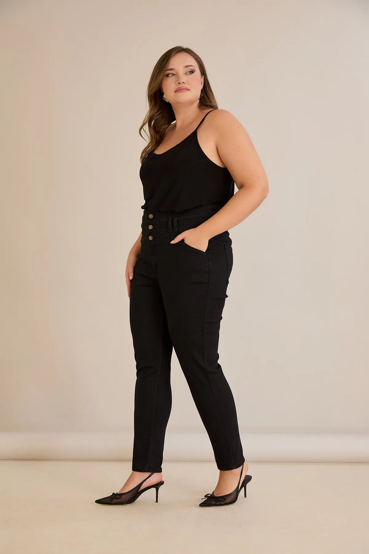 Elastične traperice s visokim strukom i gumbima u crnoj boji