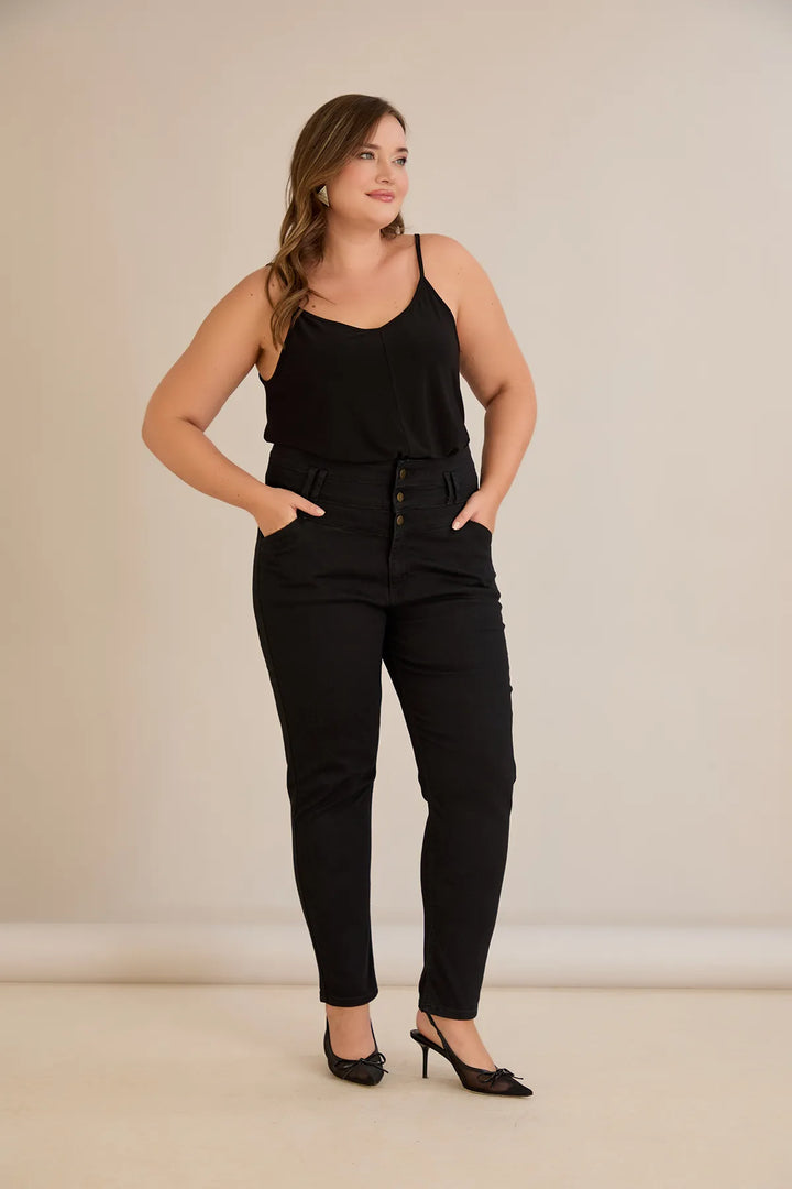 Elastične traperice s visokim strukom i gumbima u crnoj boji