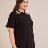 Plus size pamučna bluza s perlama i atraktivnim izrezom