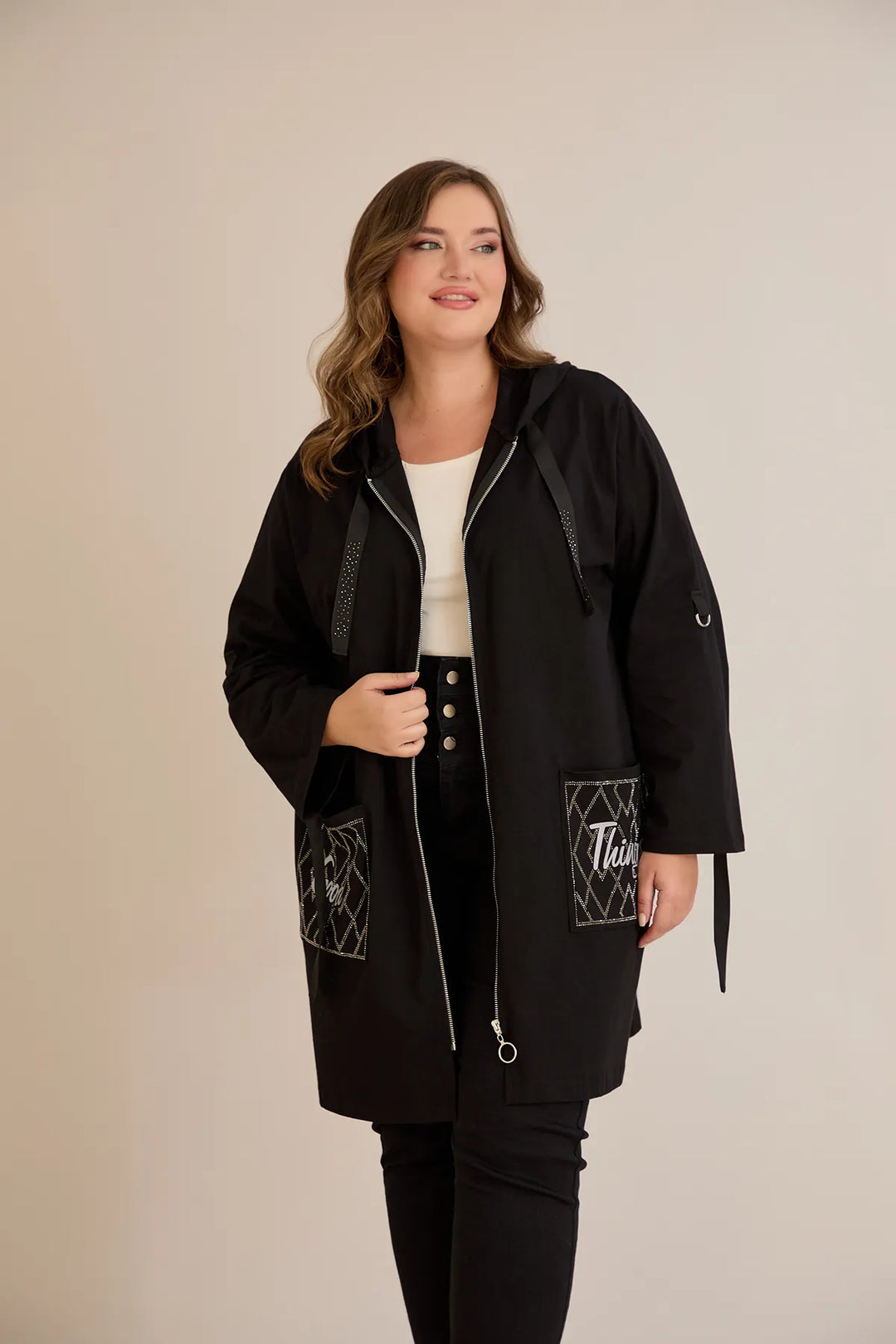 Ženski pamučni blejzer s kapuljačom i džepovima