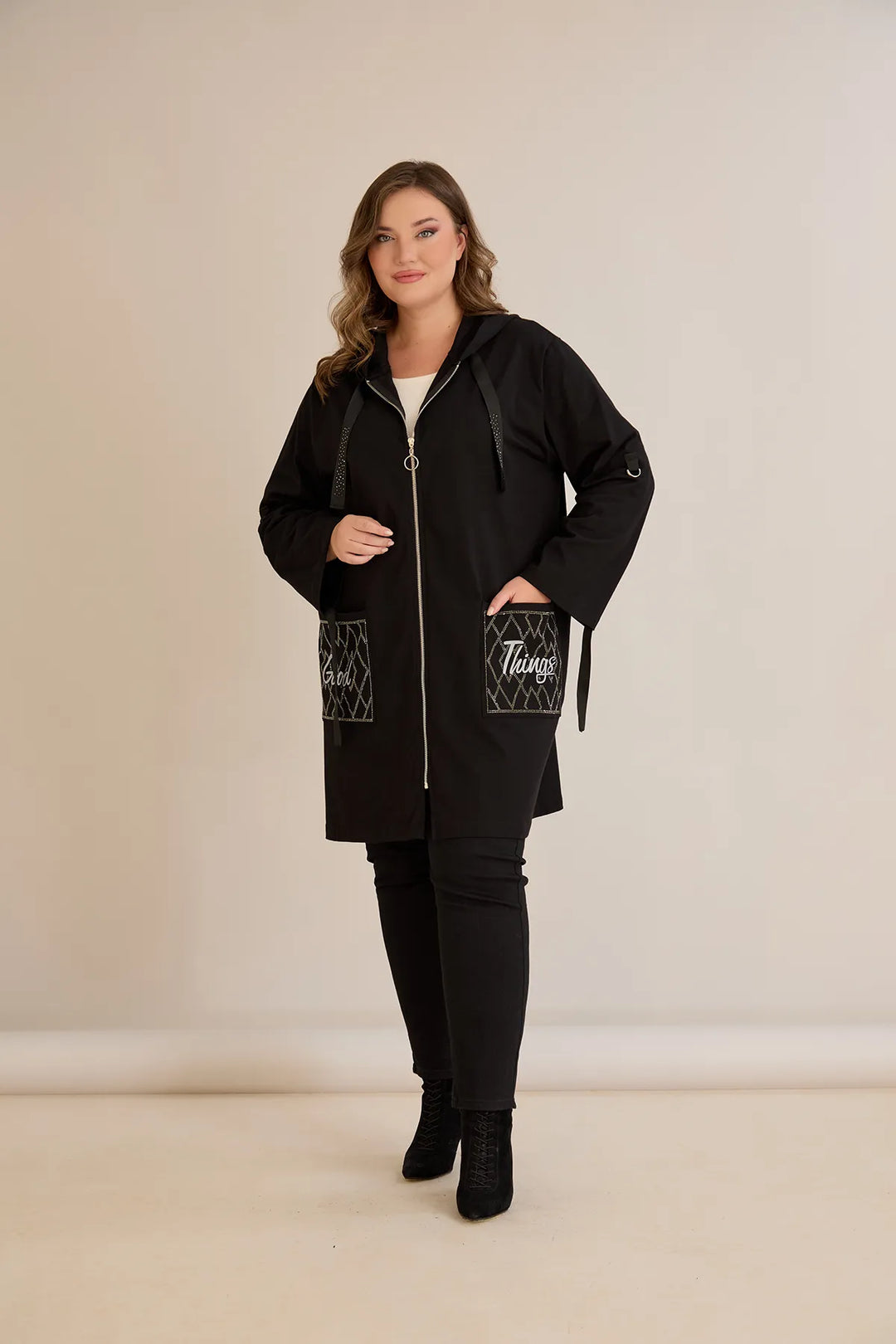 Ženski pamučni blejzer s kapuljačom i džepovima