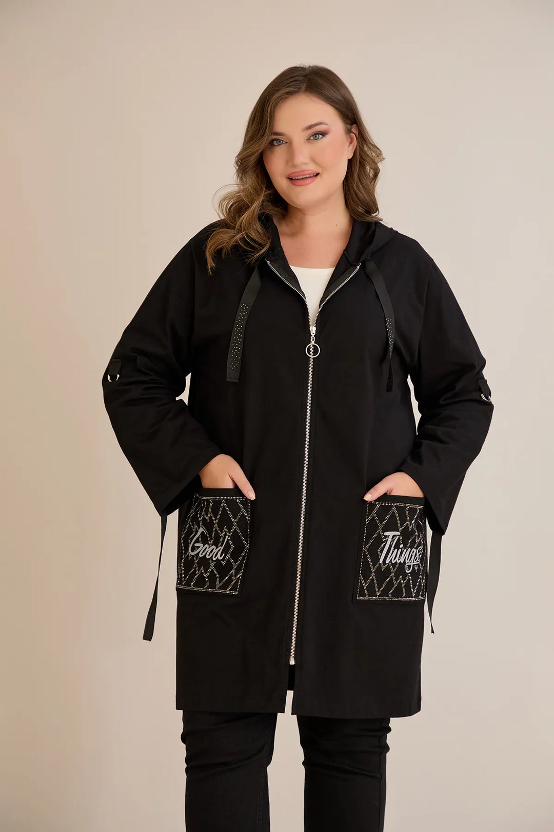 Ženski pamučni blejzer s kapuljačom i džepovima