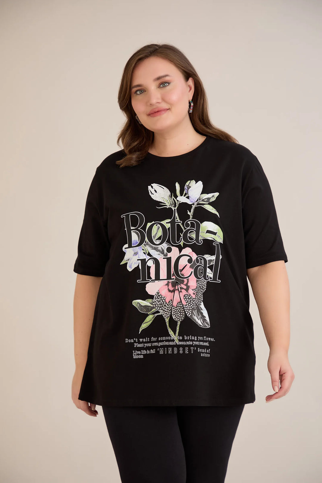 Pamučna majica s Botanical printom i ukrasnim kamenčićima