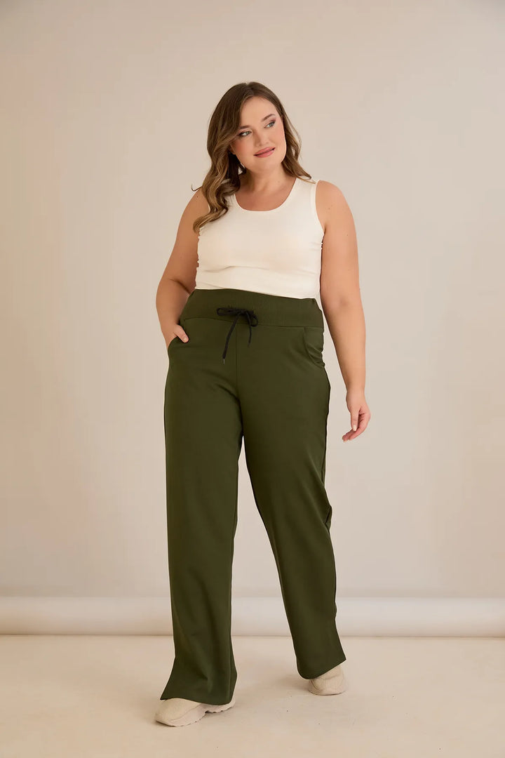 Sportske široke hlače s prorezima u kaki boji