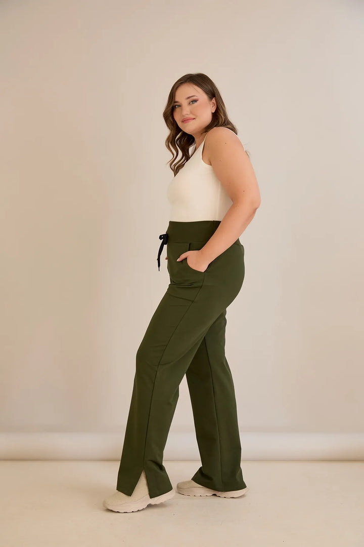 Sportske široke hlače s prorezima u kaki boji