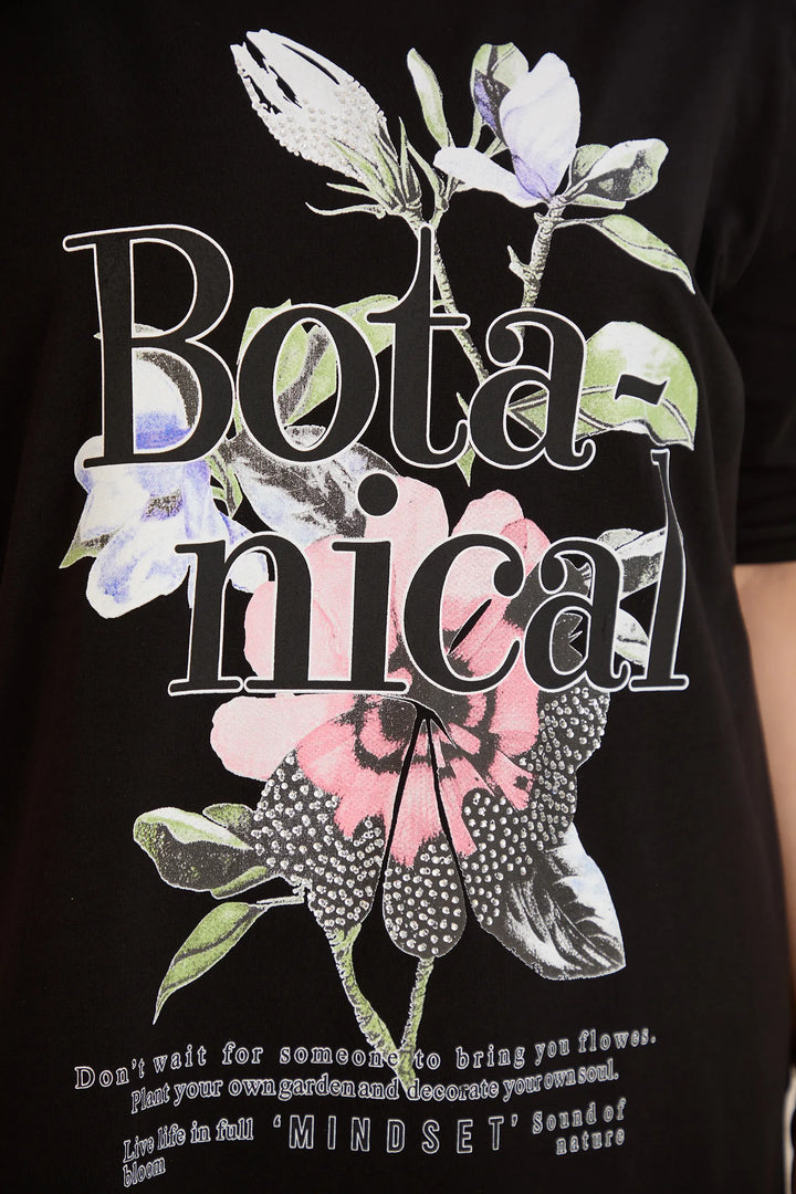 Pamučna majica s Botanical printom i ukrasnim kamenčićima