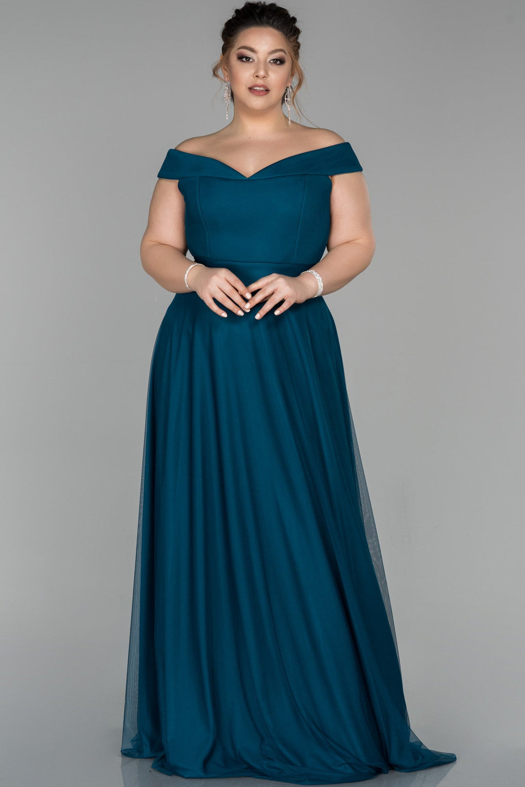 Дълга официална рокля в големи Veličinaи с тюл - Петрол