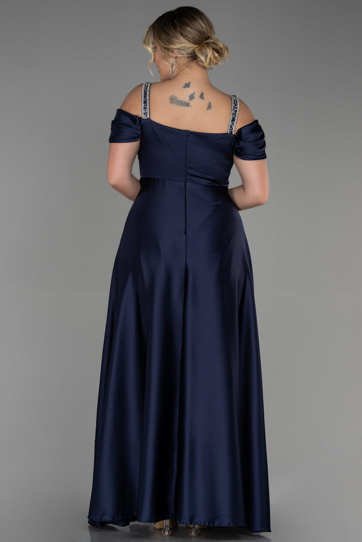 Duga satenska haljina s kamenim naramenicama - tamnoplava N3277 - My Store