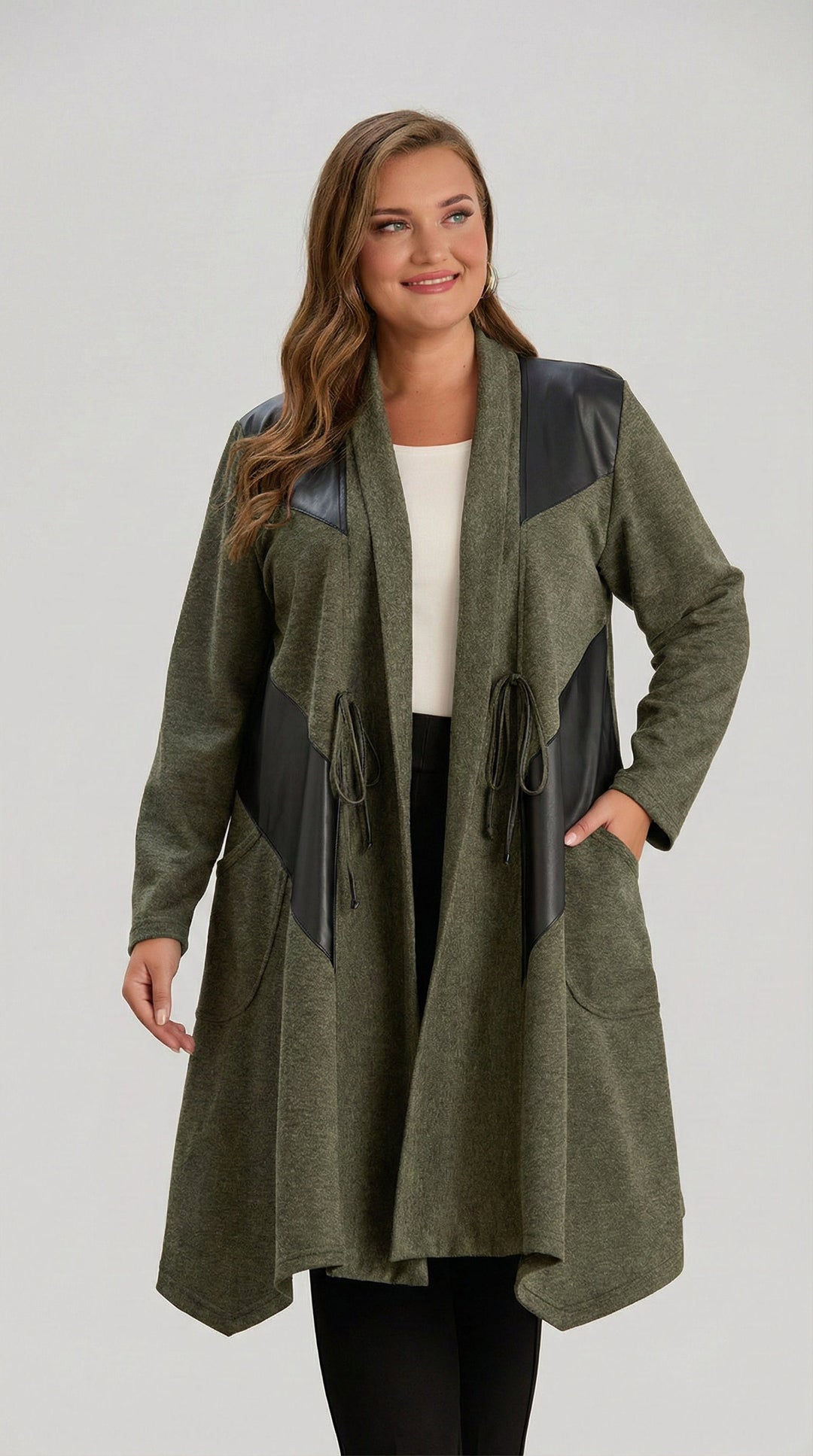 Dugi kardigan s eko-kožnim detaljima - Kaki