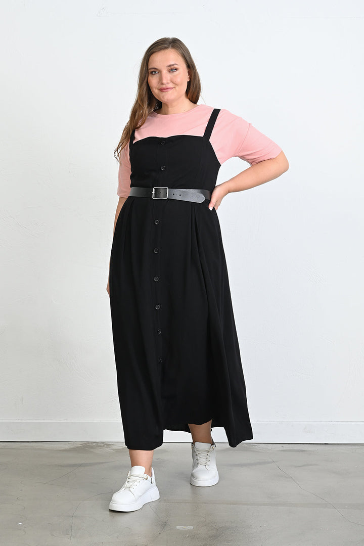 Duga haljina od viskoze s ukrasnim gumbima - Crna