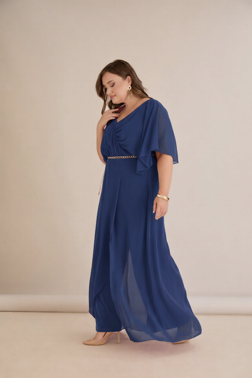 Tamnoplavi šifonski kombinezon s lančić remenom – Veći brojevi