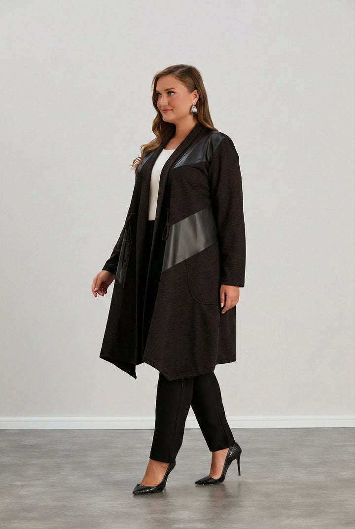 Dugi kardigan s eko-kožnim detaljima - Čokolada