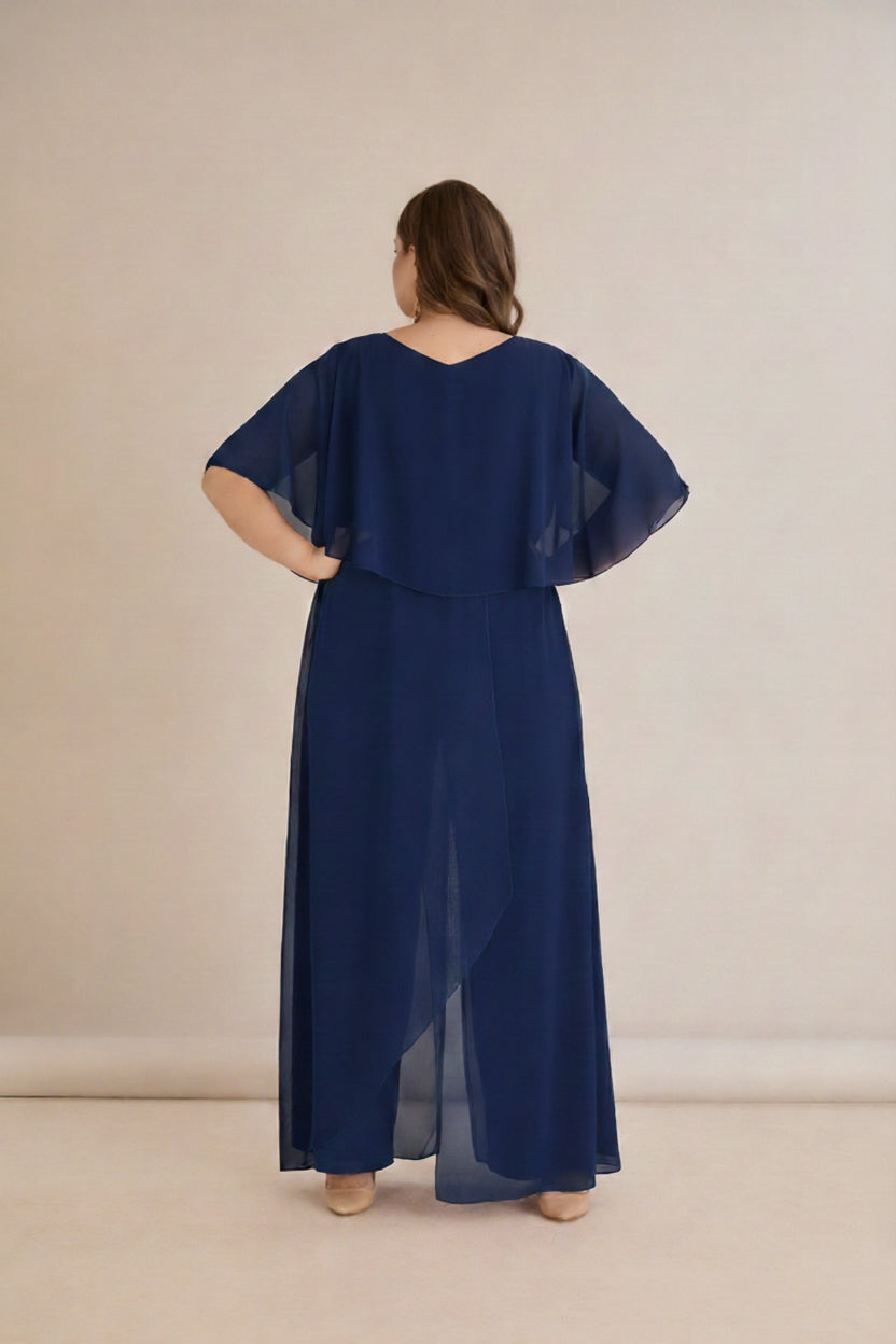 Tamnoplavi šifonski kombinezon s lančić remenom – Veći brojevi