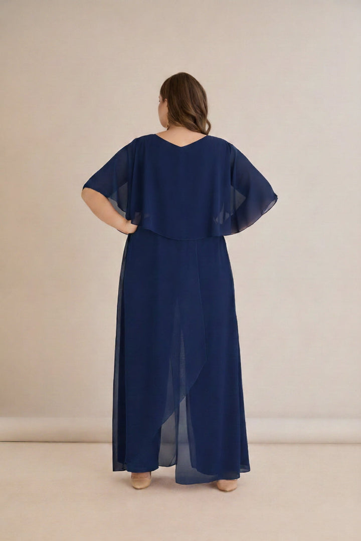 Tamnoplavi šifonski kombinezon s lančić remenom – Veći brojevi