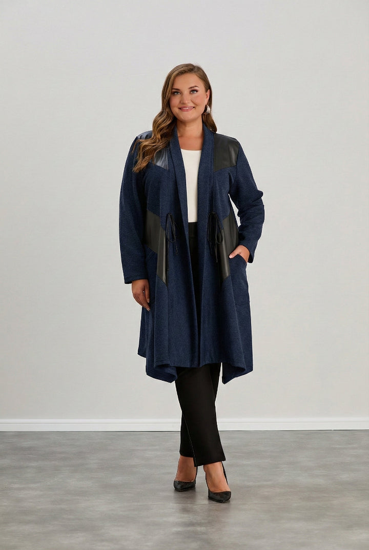 Dugi kardigan s eko-kožnim detaljima - Tamno plava