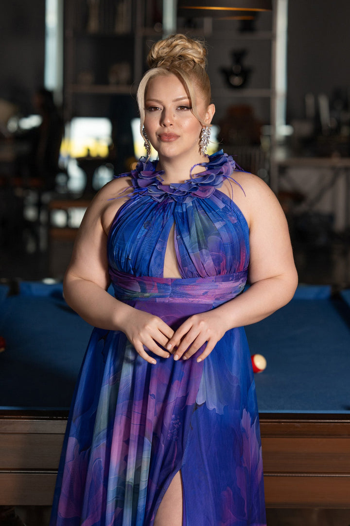 Duga svečana haljina od šifona s printom - Lila