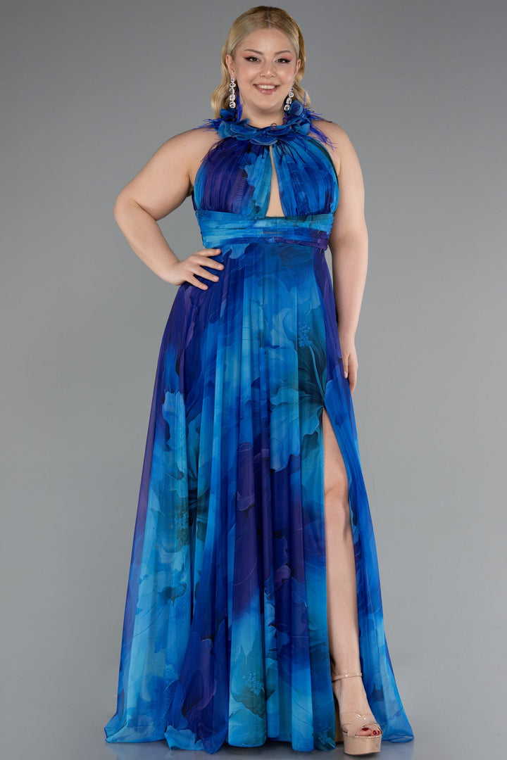 Duga svečana haljina od šifona s printom – Plavo/Ljubičasta