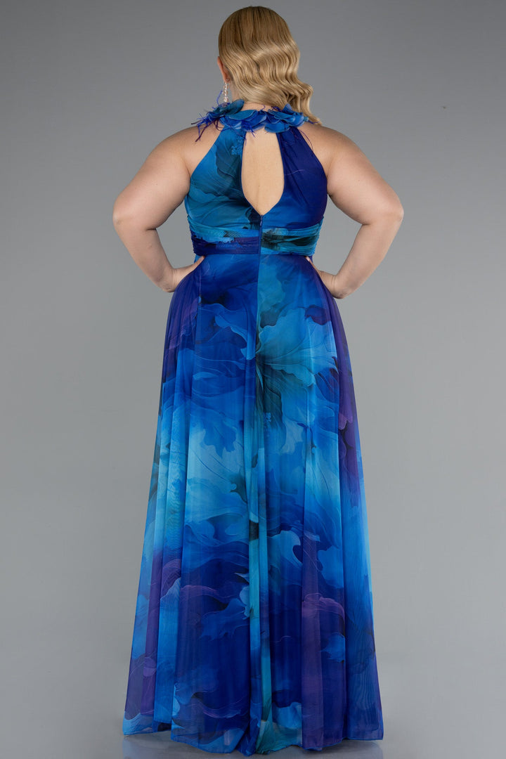 Duga svečana haljina od šifona s printom – Plavo/Ljubičasta