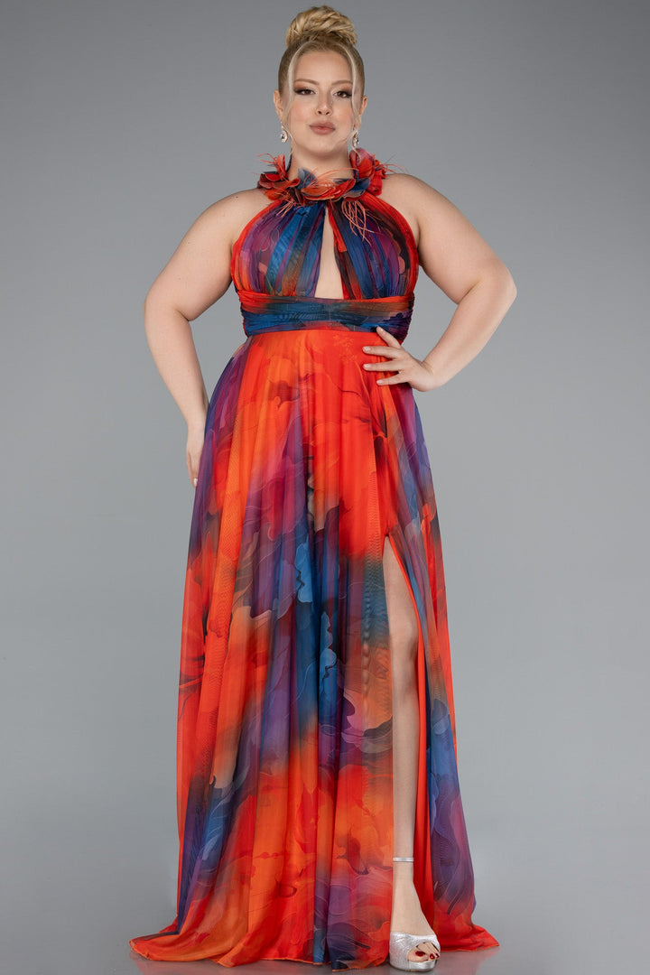 Duga svečana haljina od šifona s printom - Narandžasta