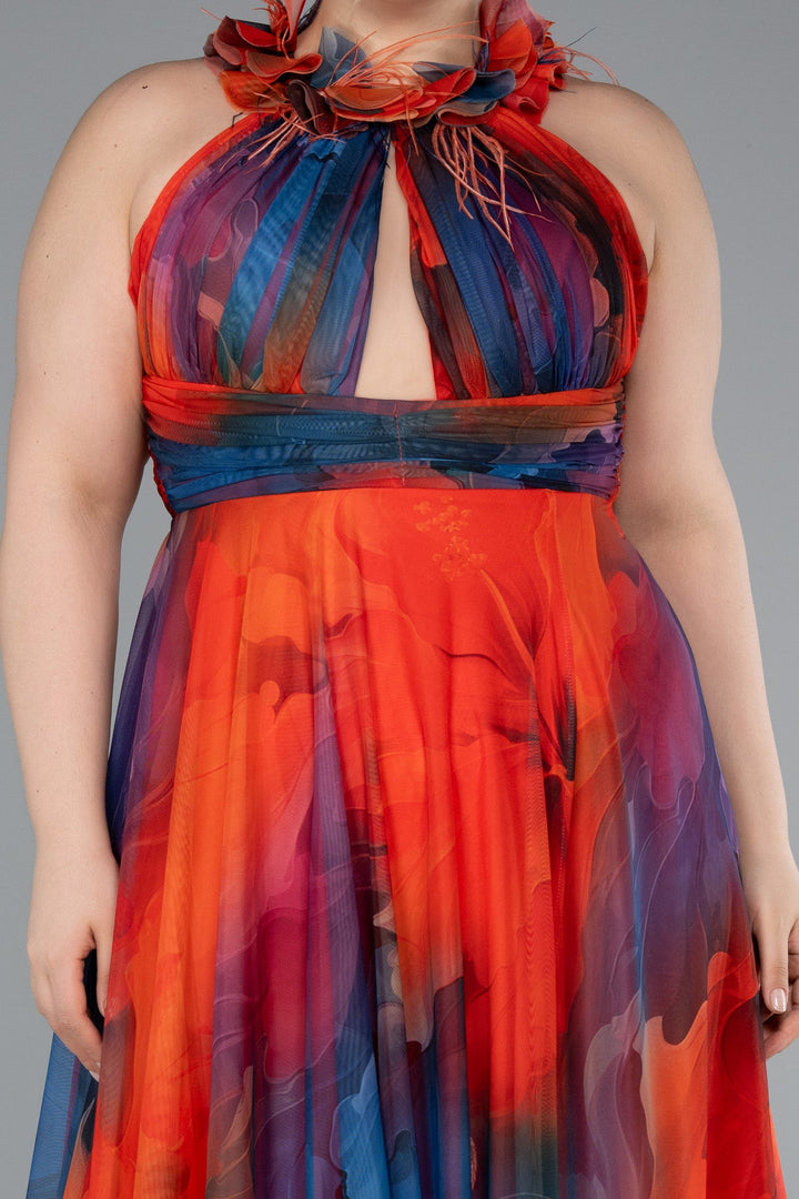 Duga svečana haljina od šifona s printom - Narandžasta