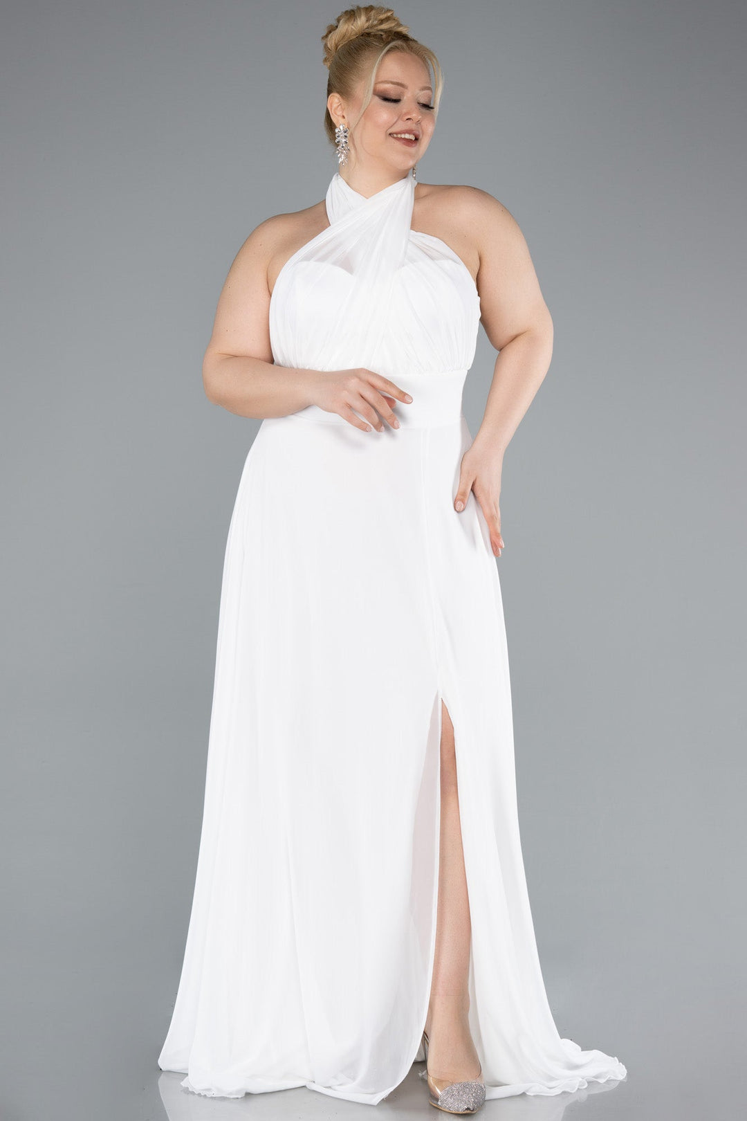 Duga svečana haljina od šifona u ecru boji