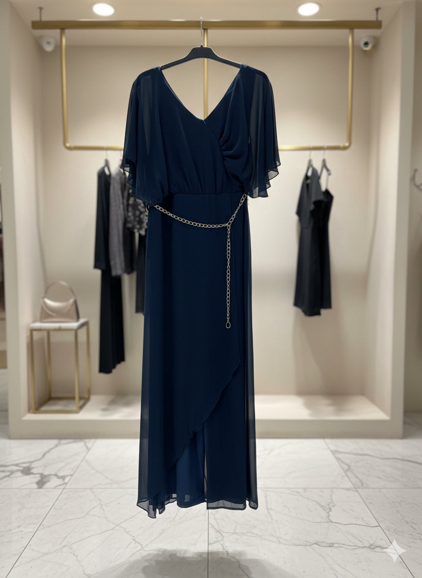 Tamnoplavi šifonski kombinezon s lančić remenom – Veći brojevi