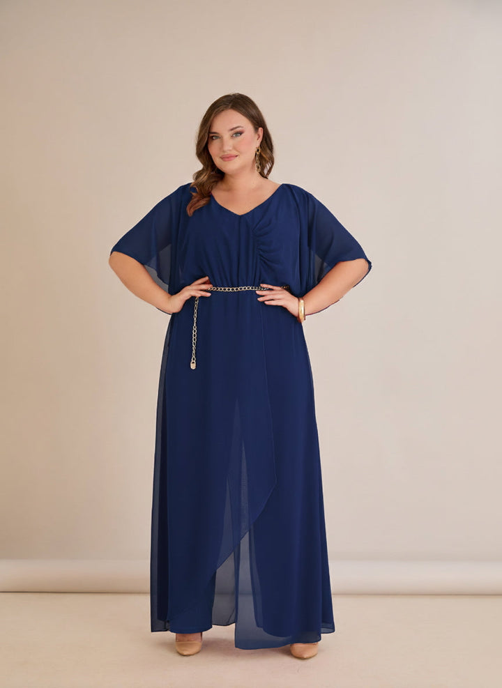 Tamnoplavi šifonski kombinezon s lančić remenom – Veći brojevi