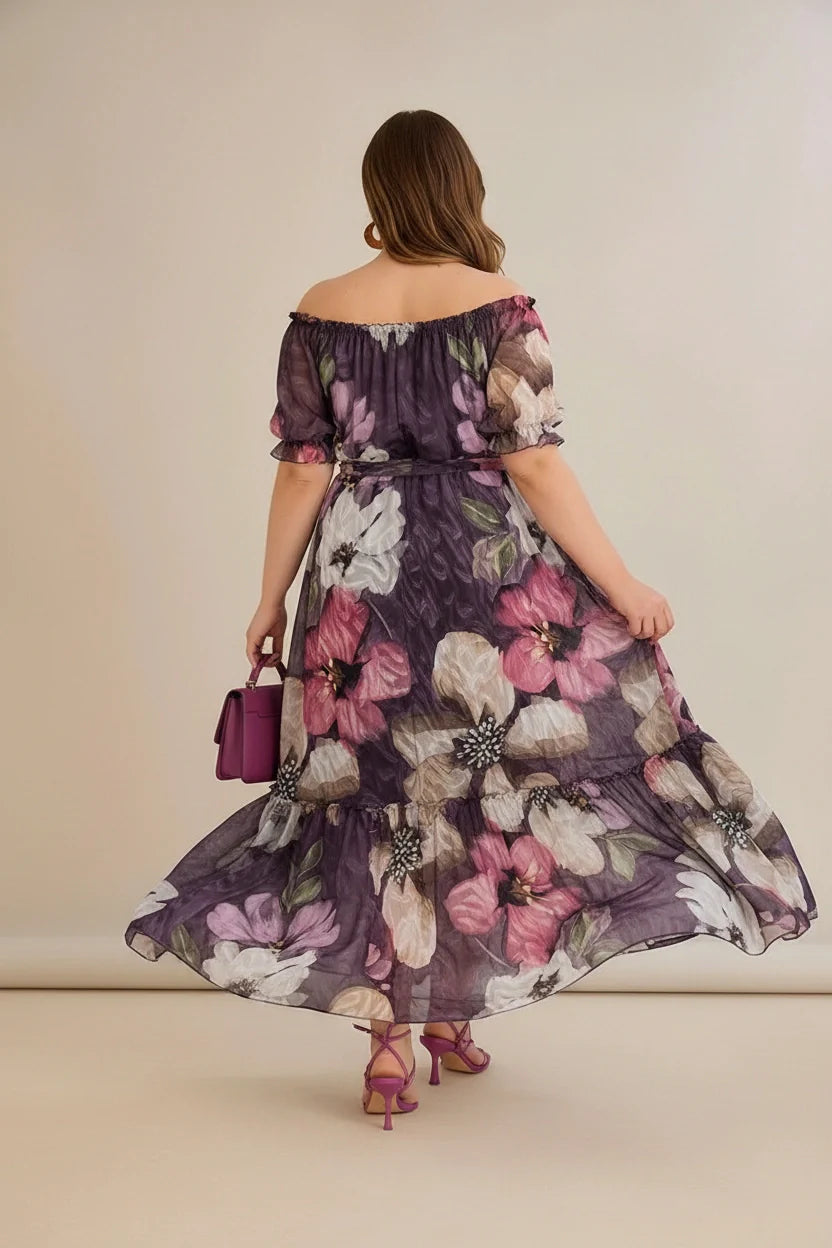 Plus size haljina od reljefnog šifona s pojasom – ljubičasta