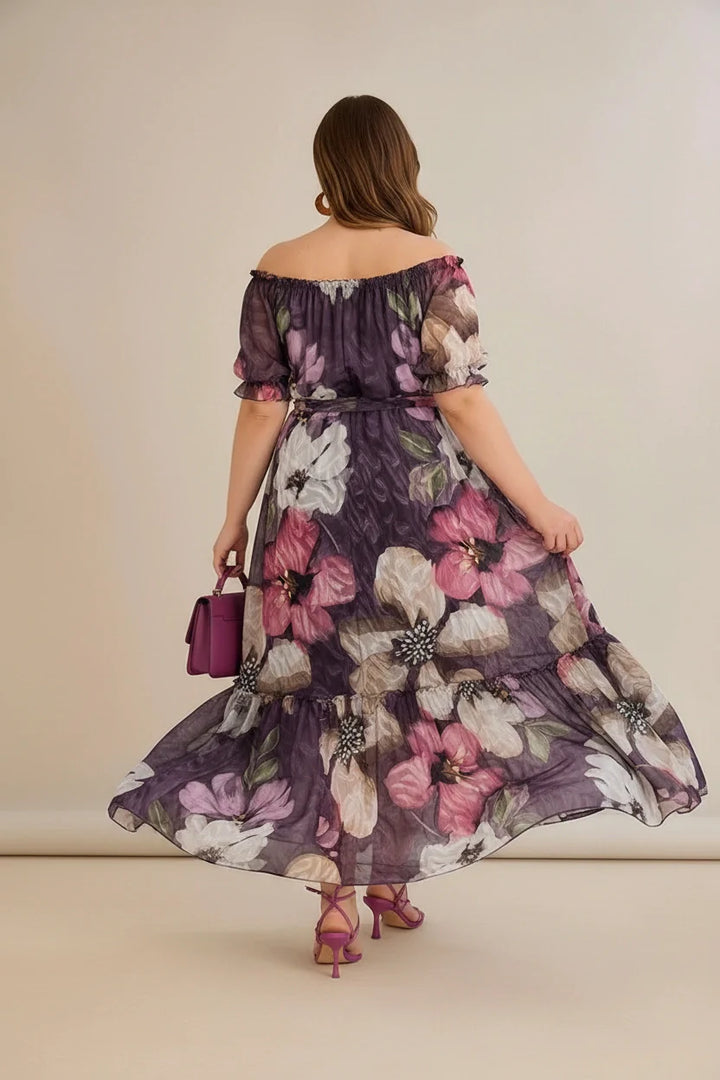 Plus size haljina od reljefnog šifona s pojasom – ljubičasta
