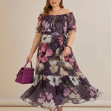 Plus size haljina od reljefnog šifona s pojasom – ljubičasta