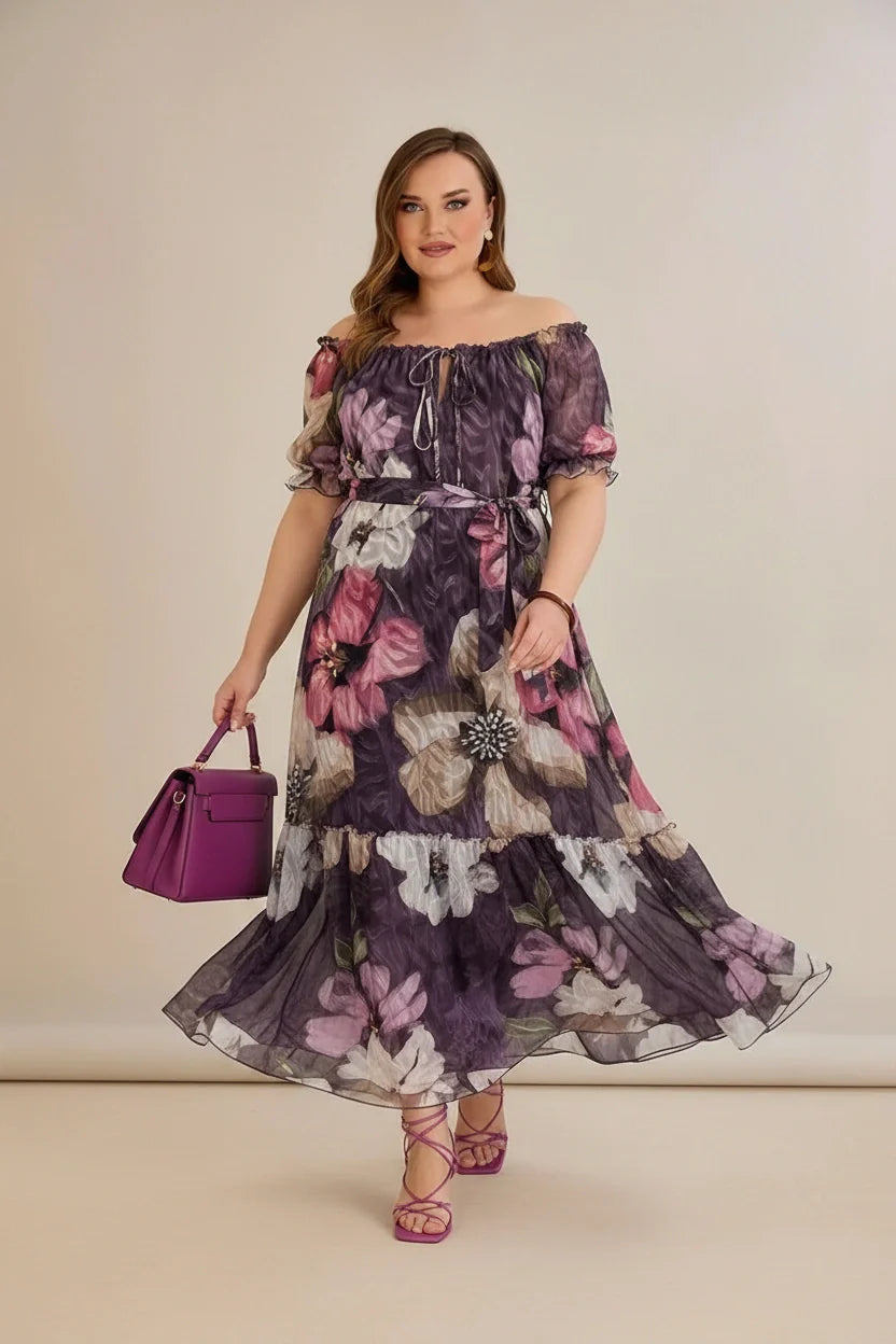 Plus size haljina od reljefnog šifona s pojasom – ljubičasta