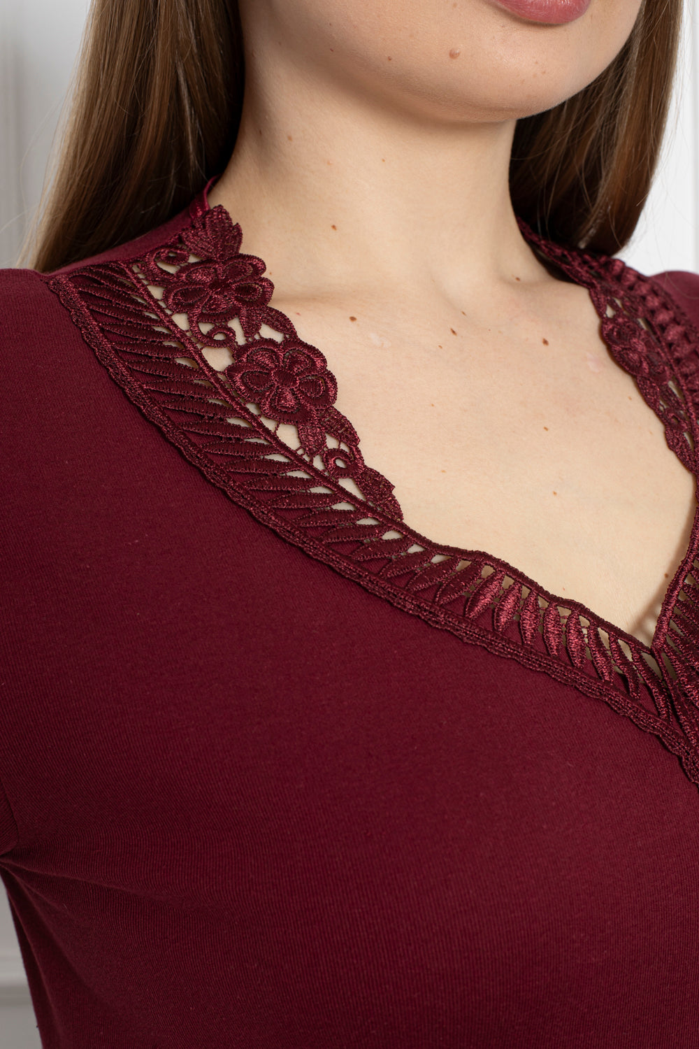 Pamučna bluza s čipkom - bordo - My Store